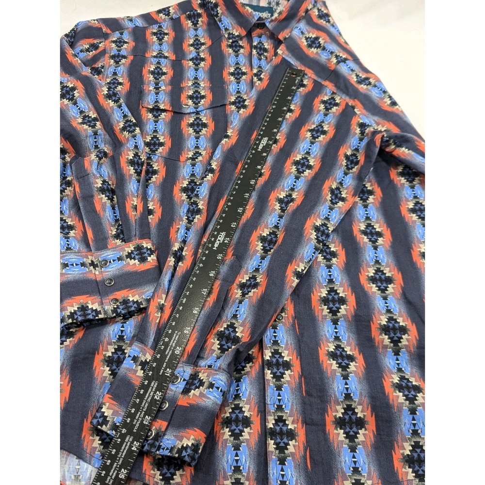 Vintage‎ Wrangler Aztec Pearl Snap Mens Cowboy Dress Shirt Blue Size Large - Picture 8 of 10